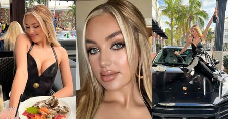 Caroline Derpienski w skórzanym wdzianku z głębokim dekoltem wcina frykasy i lansuje się na masce Porsche
