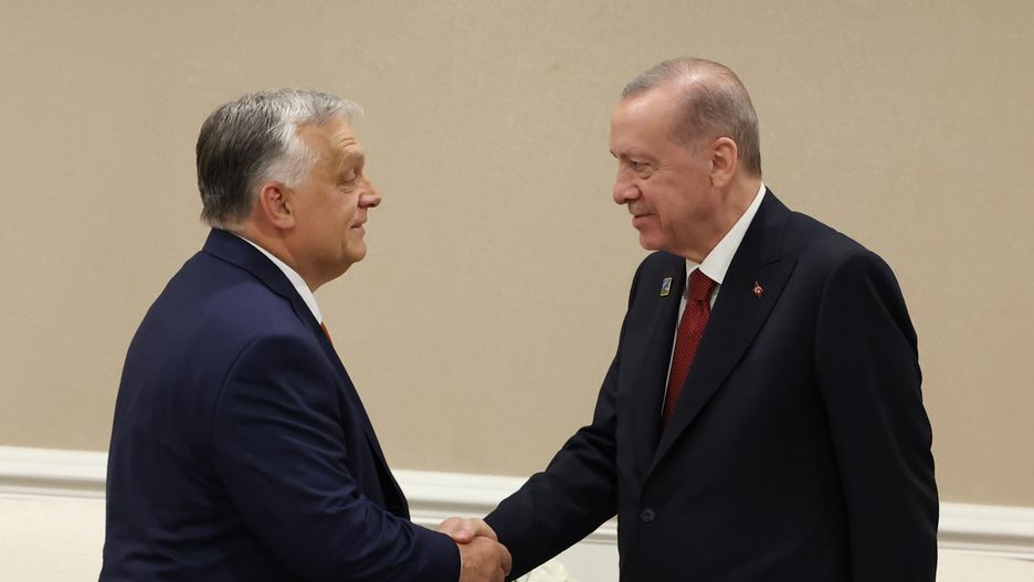 WASHINGTON DC, USA - JULY 09: (----EDITORIAL USE ONLY - MANDATORY CREDIT - ' TURKISH PRESIDENCY / MURAT KULA/ HANDOUT' - NO MARKETING NO ADVERTISING CAMPAIGNS - DISTRIBUTED AS A SERVICE TO CLIENTS----) Turkish President Recep Tayyip Erdogan (R) receives Hungarian Prime Minister Viktor Orban (L) as part of the NATO summit in Washington DC., United States on July 09, 2024. Washington is hosting the three-day summit where 32 NATO allies will make key decisions about how to continue to protect their 1 billion citizens as the world faces 'the most dangerous' security environment since the Cold War, as well as mark the 75th anniversary of the alliance. (Photo by Turkish Presidency/Murat Kula / Handout/Anadolu via Getty Images)