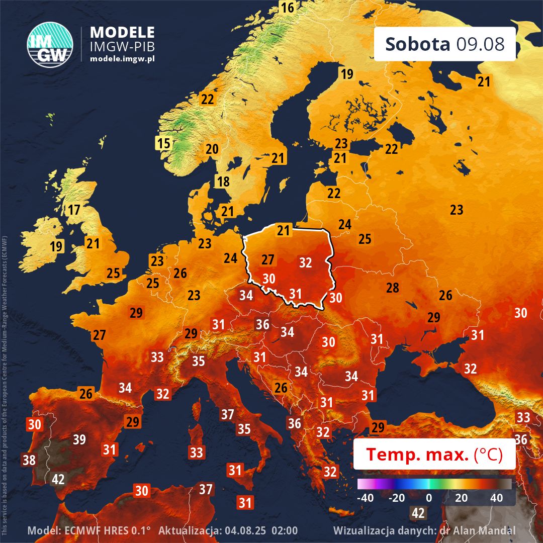 Prognoza maksymalnej temperatury na sobotę, 9 sierpnia