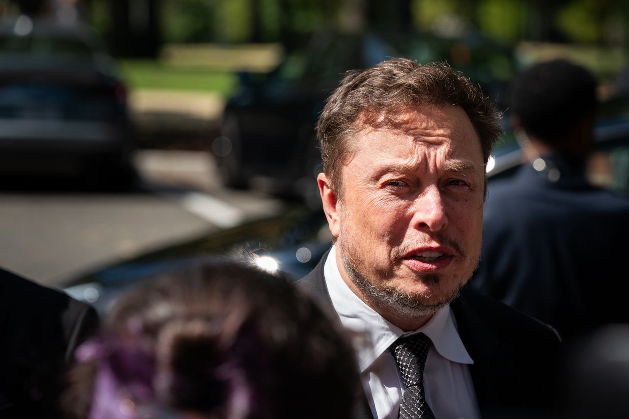 WASHINGTON, DC - SEPTEMBER 13: Tesla CEO Elon Musk speaks to reporters as he leaves the Senate bipartisan Artificial Intelligence (AI) Insight Forum on Capitol Hill in Washington, DC, on September 13, 2023. (Photo by Elizabeth Frantz for The Washington Post via Getty Images)