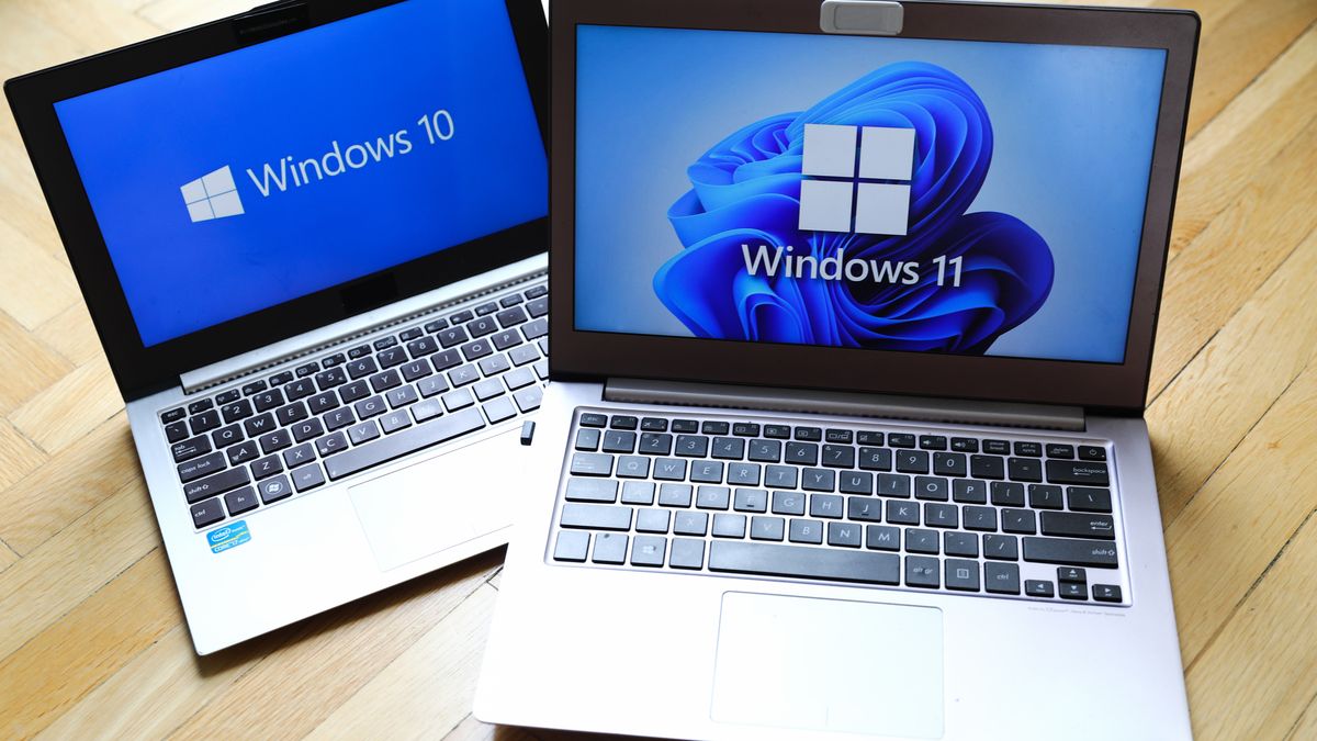 Windows 11 and Windows 10 operating system logos are displayed on laptop screens for illustration photo. Krakow, Poland on February 3, 2022. (Photo by Beata Zawrzel/NurPhoto via Getty Images)