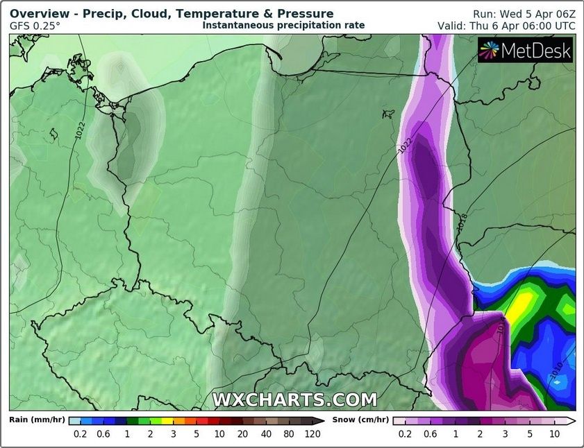 Prognozowane opady śniegu 6 kwietnia o godz. 7:00