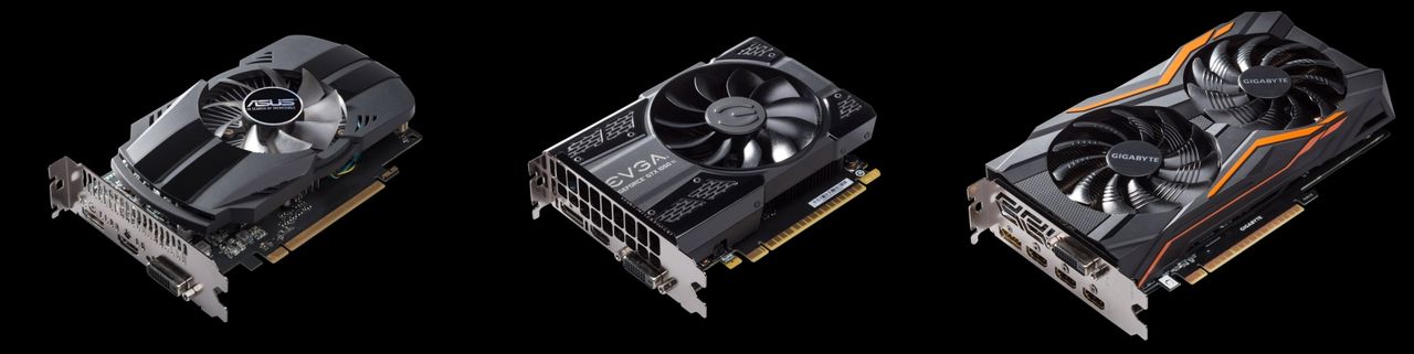 Autorskie wersje GeForce GTX 1050 Ti firm (od lewej) Asus, EVGA i Gigabyte