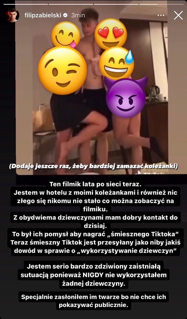 Filip Zabielski reaguje na "aferę youtubowową". Tiktoker wydał oświadczenie: "Wiele dziewczyn PCHAŁO MI SIĘ DO ŁÓŻKA"