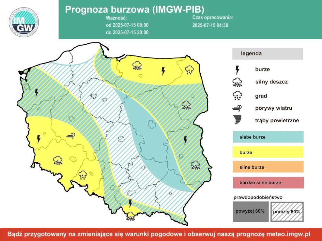 Prognoza burzowa IMGW na wtorek, 15 lipca 2025