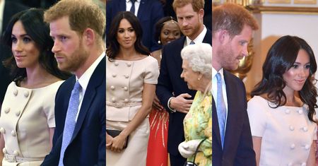 Szykowna i rozpromieniona księżna Meghan z mężem i królową na gali w Pałacu Buckingham (ZDJĘCIA)