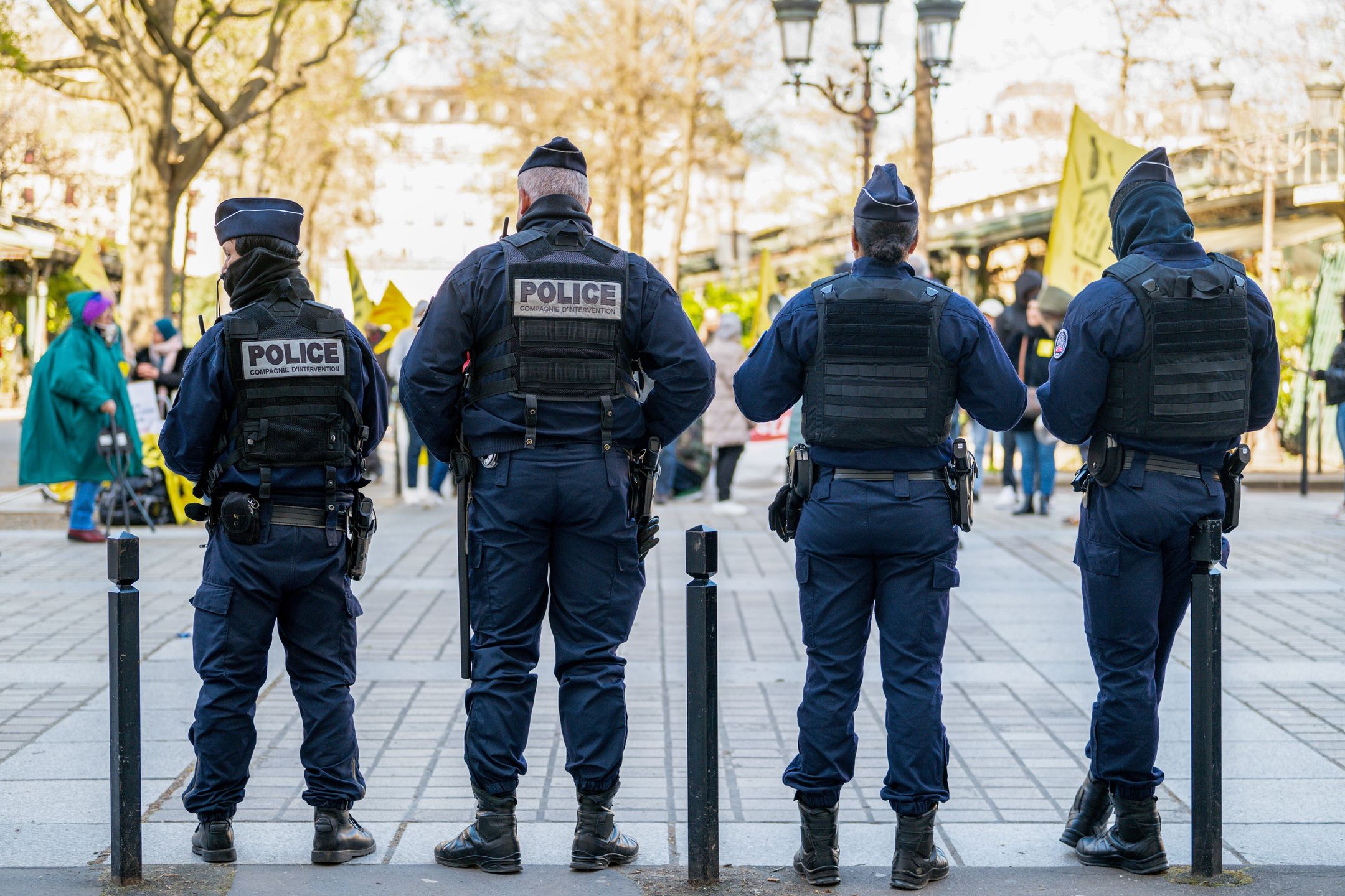 Police forces patrol in central Paris, France, on Thursday, March 28, 2024. France raised its security alert to the maximum months before hosting the 2024 Summer Olympics. Photographer: Benjamin Girette/Bloomberg via Getty Images