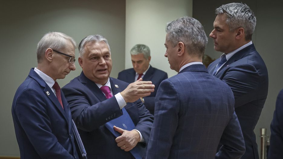 Prime Minister of Hungary Viktor Orbán as seen talking with the Prime Minister of Bulgaria Nikolai Denkov, Prime Minister of Slovenia Robert Golob and Federal Chancellor of Austria Karl Nehammer at the Round Table - Tour de Table meeting room, during the European Council summit with the EU leaders before the official talks and negotiations. European leaders agreed to open EU accession talks with Ukraine and Moldova. Hungary blocks 50bn in EU aid for Ukraine hours after membership talks were approved. Hungary's PM Viktor Orban vetoed the plan of the bloc for extra money to Kyiv. EUCO, Brussels, Belgium on December 14, 2023 (Photo by Nicolas Economou/NurPhoto via Getty Images)