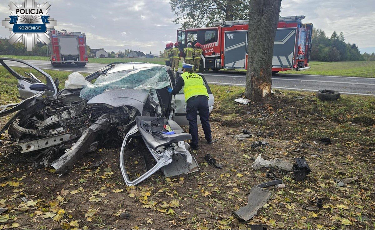 wypadek, pijany kierowca Roztrzaskał forda na drzewie. Wydmuchał 2 promile