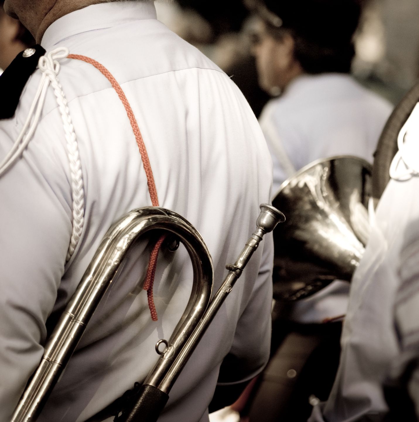 fanfare, clairon, cuivres, trompette, trompettiste, concert, musicien, musique, musicale, orchestre, instrument, carnaval, cérémonie, défilé, cortège, procession, manifestation, foule, groupe, homme, uniforme