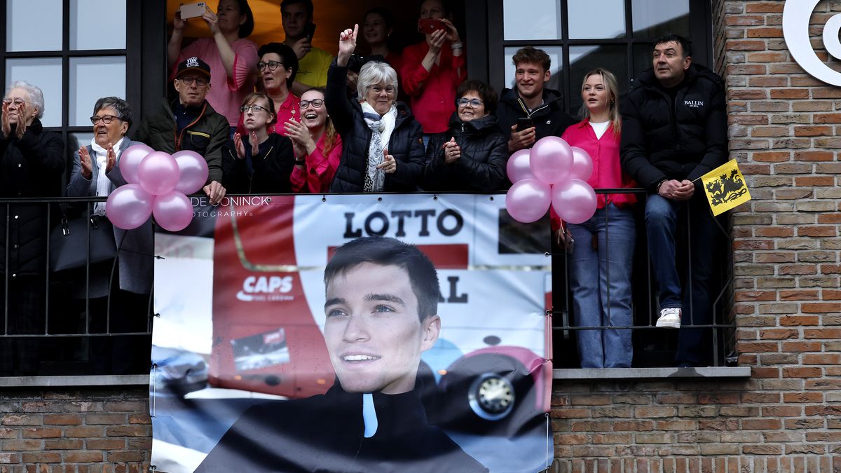OUDENAARDE, BELGIUM - APRIL 02: Banner with the image of Bjorg Lambrecht of Belgium and Team Lotto Soudal during the 107th Ronde van Vlaanderen - Tour des Flandres 2023, Men's Elite a 273.4km one day race from Brugge to Oudenaarde / #UCIWT / on April 02, 2023 in Brugge, Belgium. (Photo by Jan de Meuleneir - Pool/Getty Images)