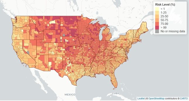 Mapa ryzyka rozprzestrzeniania się koronawirusa w USA