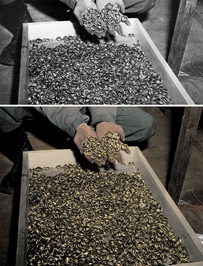 Zbiór obrączek zabranych więźniom w obozie Buchenwald.