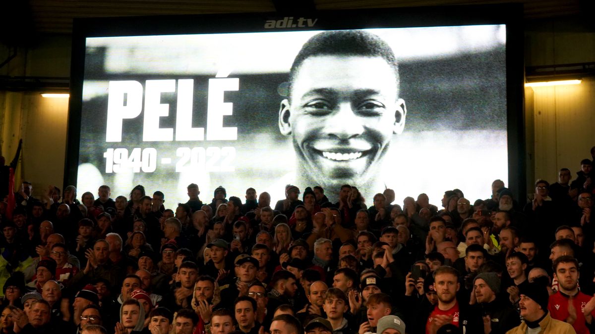 A tribute to Pele is shown on screen ahead of the Premier League match at the City Ground, Nottingham. Former Brazil player Pele died on Thursday in Brazil at the age of 82. Picture date: Sunday January 1, 2023. (Photo by Mike Egerton/PA Images via Getty Images)