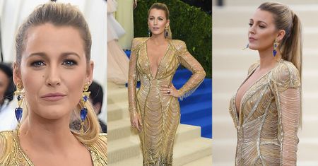 Blake Lively w złotych łańcuszkach i niebieskich piórach