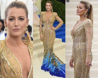 Blake Lively w złotych łańcuszkach i niebieskich piórach