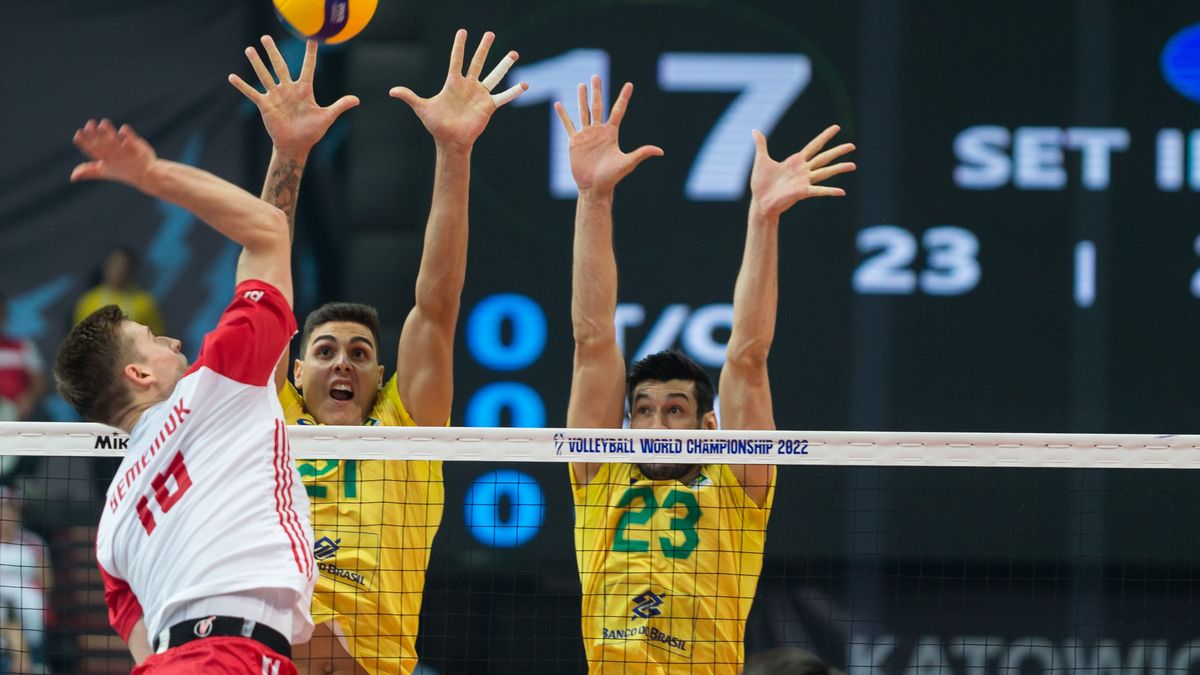 Kamil Semeniuk (POL),Felipe Moreira Roque (BRA),Flavio Resende Gualberto (BRA) during the FIVB Volleyball World Men's Championship match between Poland v Brazil, in Katowice, Poland, on September 10, 2022. (Photo by Foto Olimpik/NurPhoto via Getty Images)