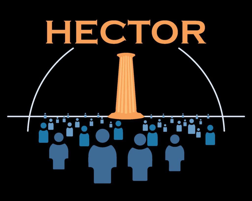 Grupa ludzi stojąca pod kolumną, z napisem "HECTOR" nad nimi, na tle czarnego tła.