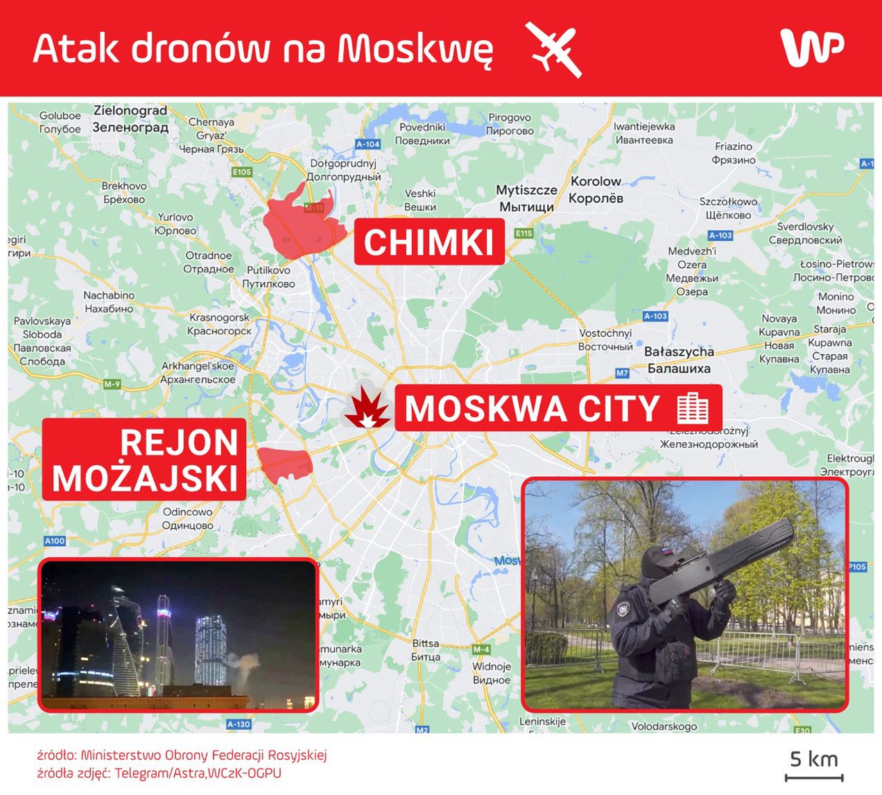 Atak dronów na Moskwę. Na fot. funkcjonariusz uzbrojony w "zagłuszczacz sygnału"