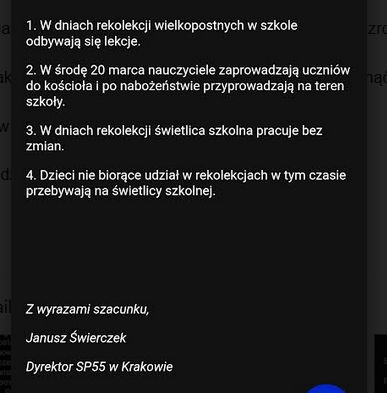 Mail do rodziców od dyrektora szkoły podstawowej w Krakowie