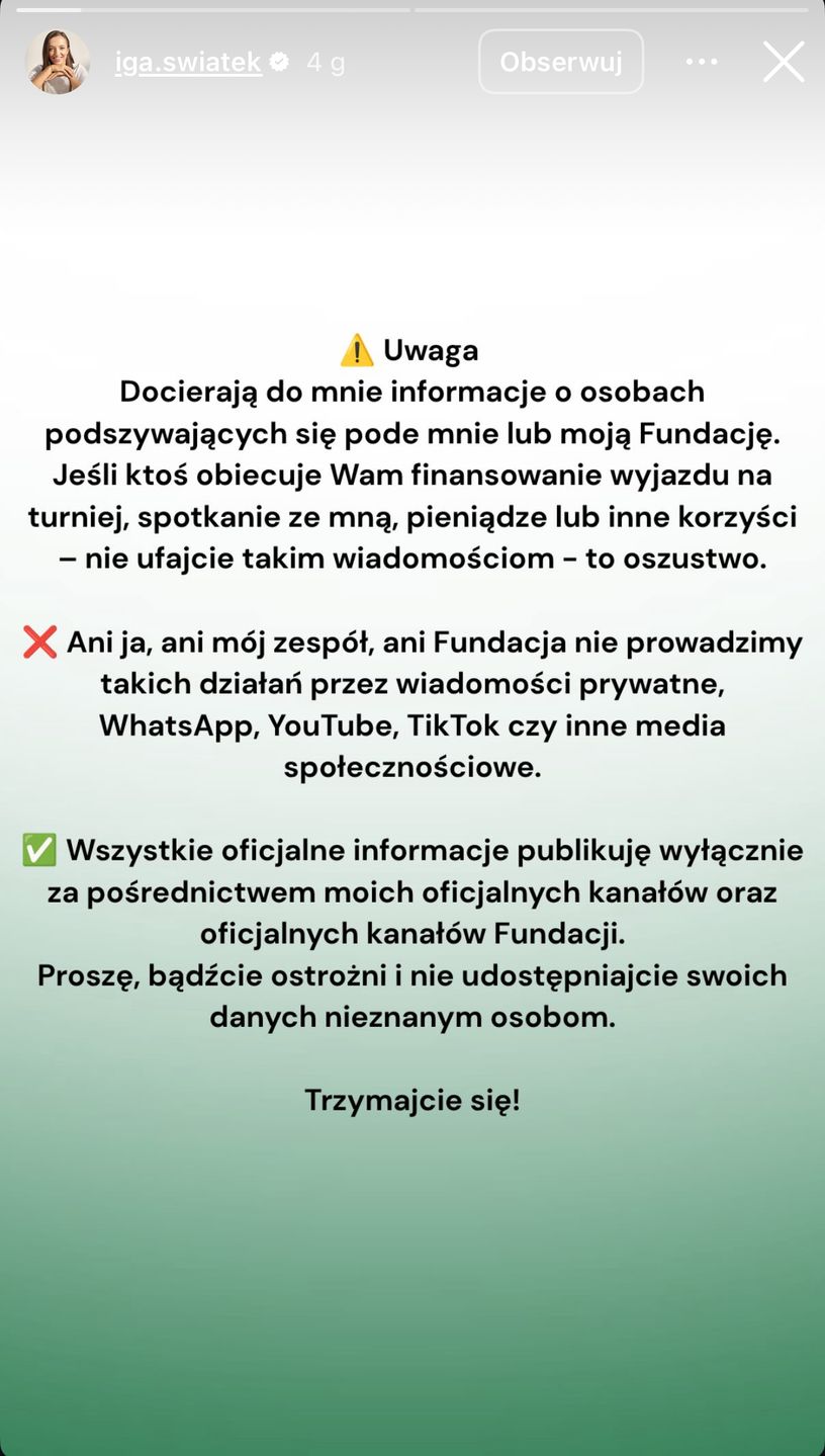 Iga Świątek ostrzega przed oszustami