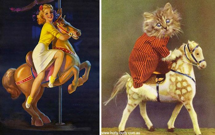 Koty, które pozują jak dziewczyny pin-up z dawnych amerykańskich plakatów