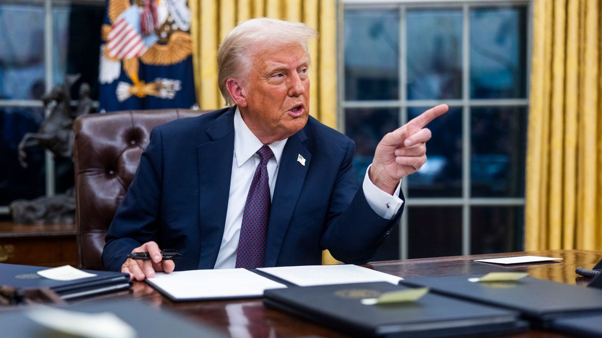 US President Donald Trump speaks while signing executive orders in the Oval Office of the White House in Washington, DC, US, on Monday, Jan. 20, 2025. President Donald Trump launched his second term with a strident inaugural address that vowed to prioritize Americas interests with a "golden age" for the country, while taking on "a radical and corrupt establishment." Photographer: Jim Lo Scalzo/EPA/Bloomberg via Getty Images
