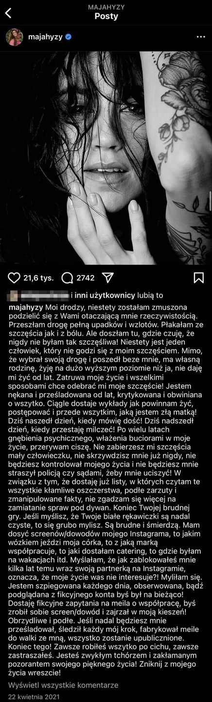 Post, który Maja Hyży opublikowała 22 kwietnia 2021 roku