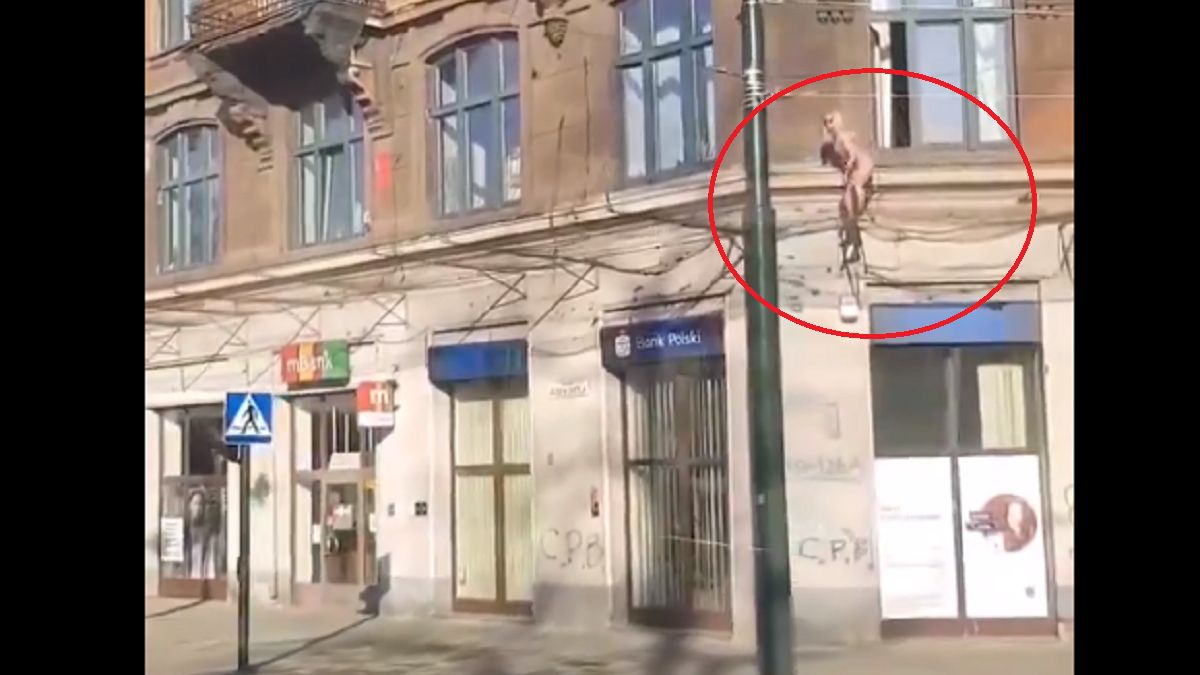 Szokujące sceny w Krakowie. Chodziła po gzymsie kamienicy. 