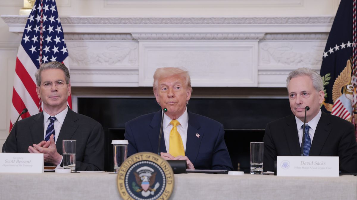 WASHINGTON, DC - MARCH 07: U.S. President Donald Trump (C) speaks alongside U.S. Treasury Secretary Scott Bessent (L) and David Sacks, U.S. President Donald Trump's AI and Crypto Czar (R) during The White House Digital Assets Summit in the State Dining Room of the White House on March 07, 2025 in Washington, DC. Trump held the summit to hear from crypto leaders on how his administration has invested in digital assets. (Photo by Anna Moneymaker/Getty Images)