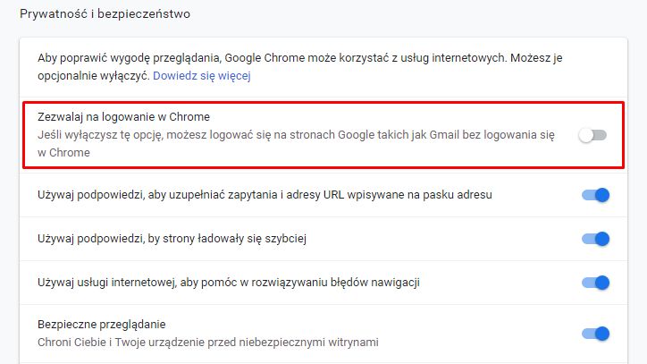 Ustawienia w Google Chrome 70: użytkownik może teraz wygodnie zrezygnować z automatycznego logowania do przeglądarki.