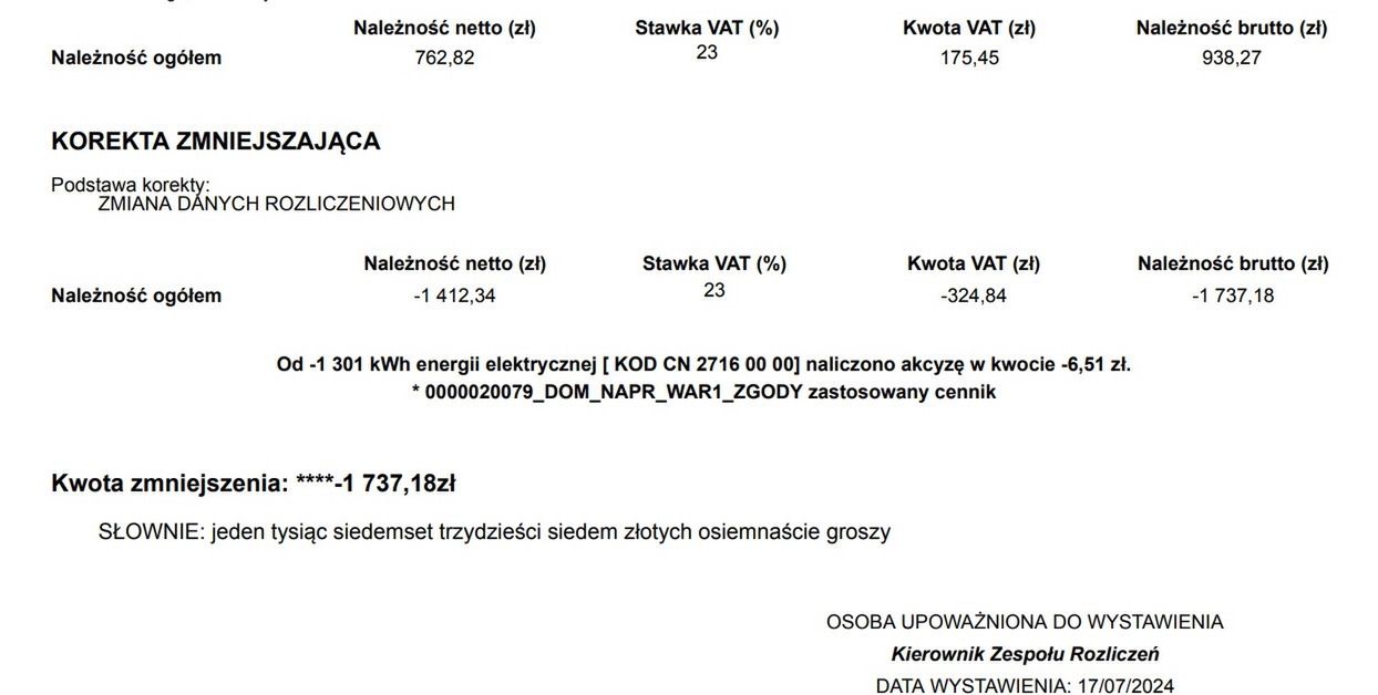 PGE wystawiło niedawno naszej czytelniczce korektę 