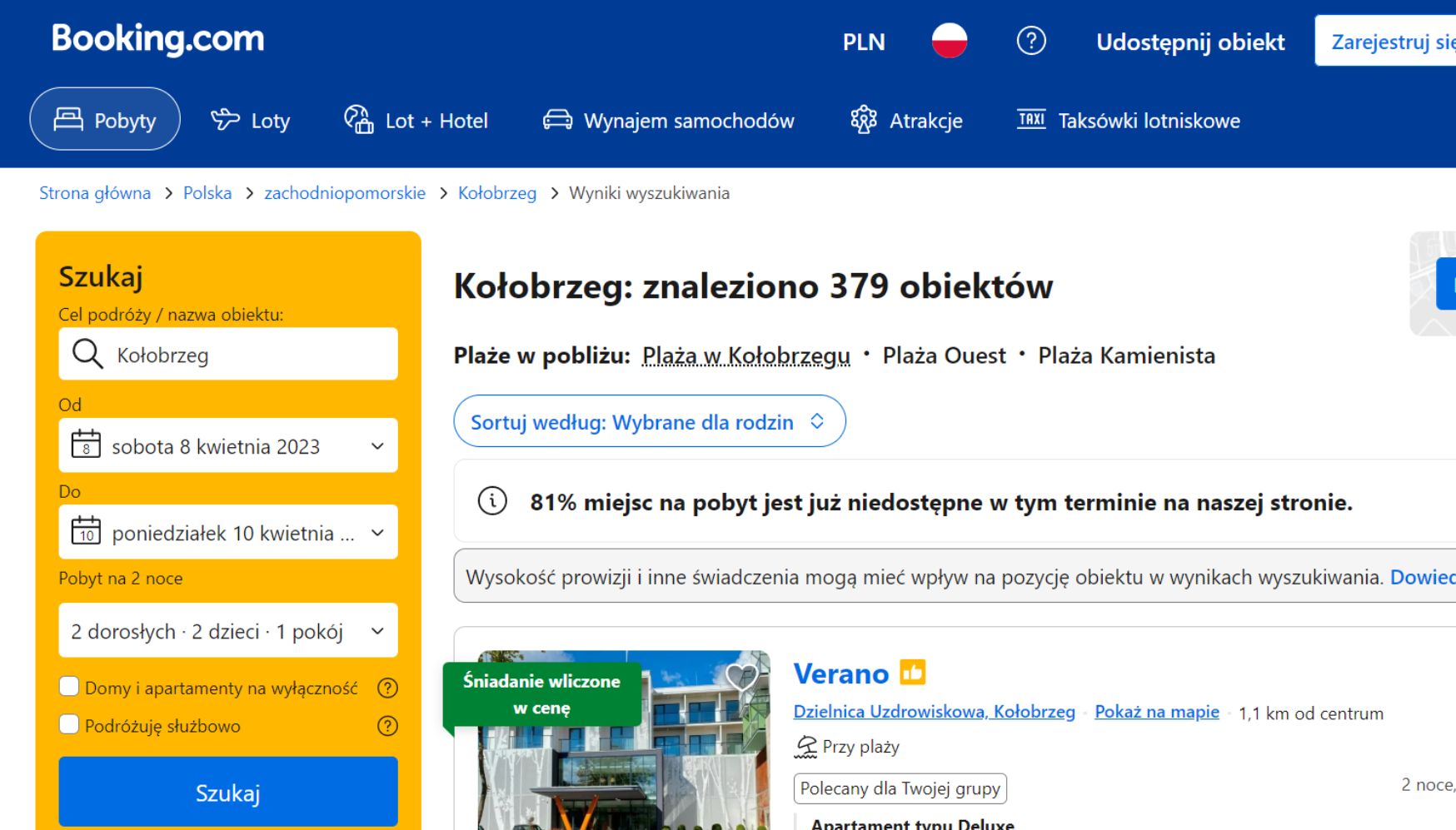 W Kołobrzegu zajętych jest 81 proc. miejsc noclegowych