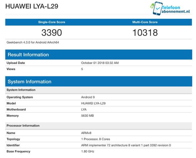 Huawei Mate 20 (Pro) w bazie Geekebench