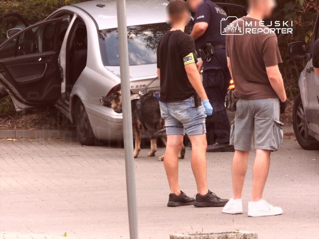 Mężczyzna w krótkich spodniach obserwujący interwencję policji przy unieruchomionym samochodzie osobowym.