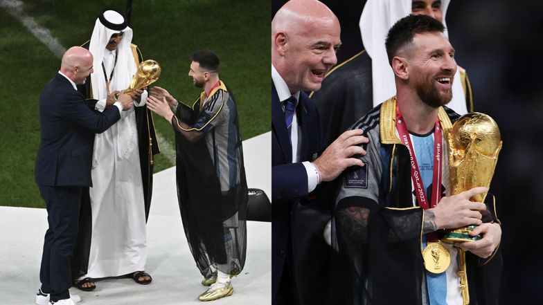 Zdjęcia Leo Messiego odbierającego Puchar Świata w biszcie wywołały falę kontrowersji. Katar SIĘ TŁUMACZY! (FOTO)