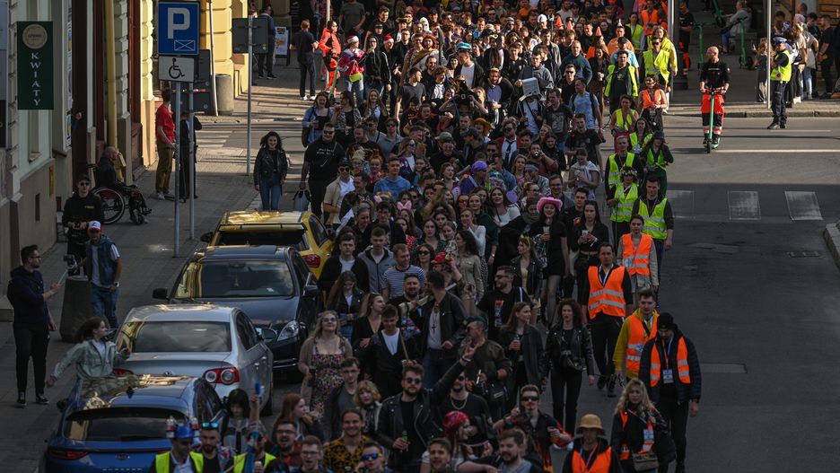 RZESZOW, POLAND - MAY 12, 2023:
Participants of Juwenalia in festive and funny costumes march from the Rzeszow market square to the campus, bringing a colorful and lively atmosphere to the streets, on May 12, 2023 in Rzeszow, Poland.
Juwenalia is an annual student holiday celebrated across Poland, originating from the 15th century in Cracow. The event includes a triumphant parade of colorful costumes and the mayor of the city handing over the keys to the students. During the two-day celebration, students enjoy concerts, parties, sports events, and drinks. 
Today, the 28th Rzeszow Juwenalia started, organized by the Rzeszow University of Technology. (Photo by Artur Widak/NurPhoto via Getty Images)