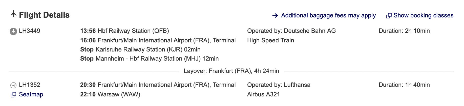 Przykładowa podróż łączona z Freiburga do Warszawy. Pierwszy odcinek, mimo że odbywany na pokładzie pociągu Deutsche Bahn, ma numer lotu Lufthansy