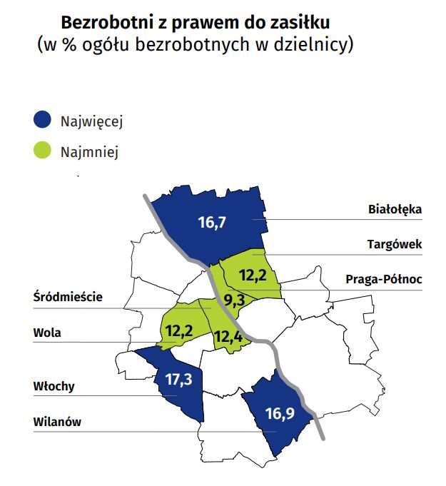 Bezrobotni z prawem do zasiłku w Warszawie z podziałem na dzielnice. / fot. Urząd Statystyczny w Warszawie