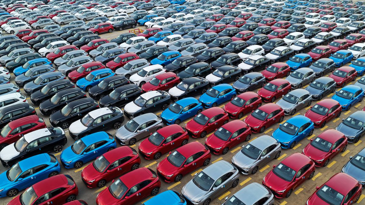 LIANYUNGANG, CHINA - AUGUST 19 2025: Aerial view of new cars waiting for shipment to foreign markets in a port in Lianyungang in east China's Jiangsu province Tuesday, Aug. 19, 2025. (Photo credit should read FANG DONGXU / Feature China/Future Publishing via Getty Images)
