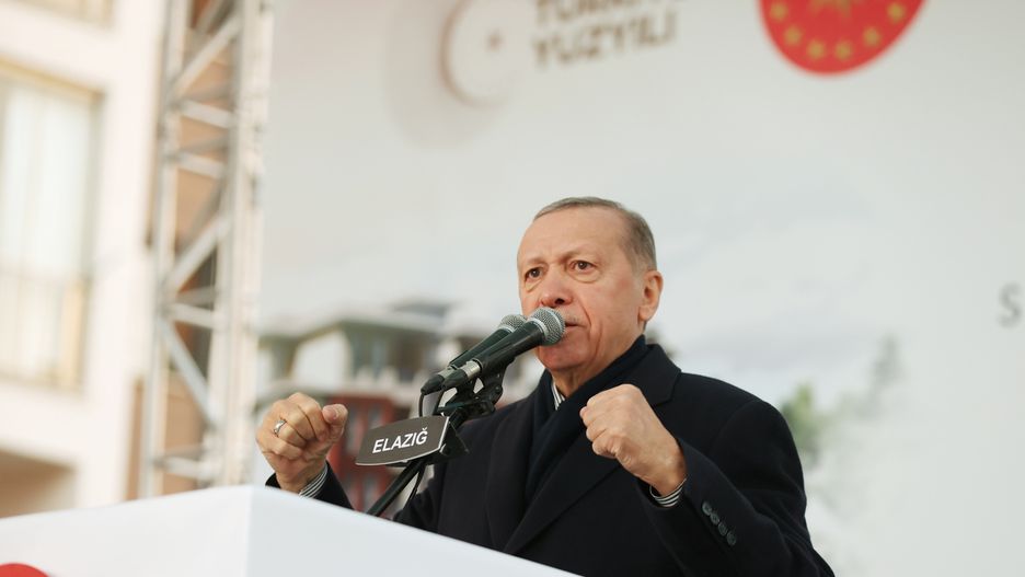 ELAZIG, TURKIYE - APRIL 1: Turkish President Recep Tayyip Erdogan attends the Groundbreaking Ceremony of Disaster Houses and Social Housing Turnkey Ceremony in quake-hit Elazig province, Turkiye on April 1, 2023. (Photo by Murat Kula/Anadolu Agency via Getty Images)