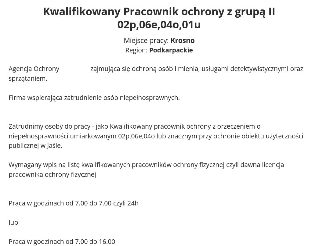 Ogłoszenie o zatrudnieniu na stanowisko kwalifikowanego pracownika ochrony. Wystawione drugiego stycznia br.