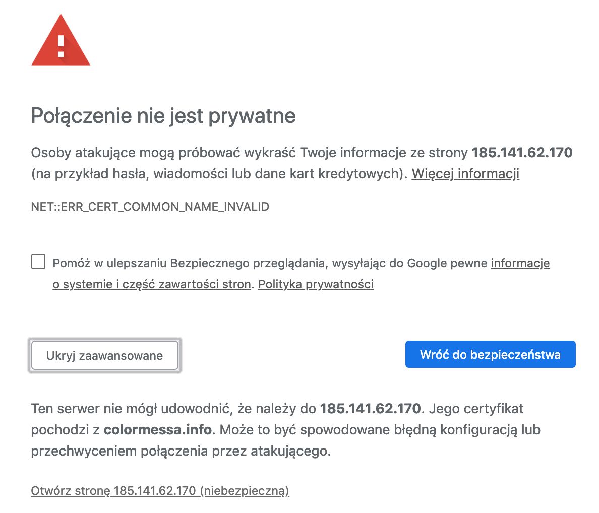 Ostrzeżenie Google Chrome przed przejściem pod skazany adres
