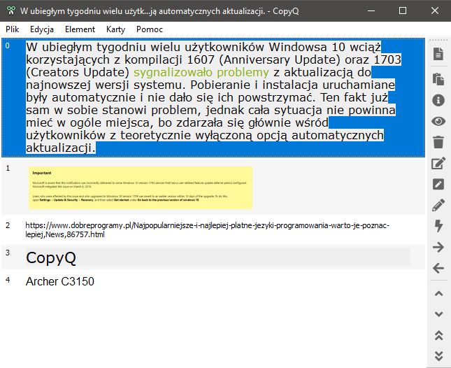 Główne okno programu to przede wszystkim podgląd historii wszystkich elementów, które znalazły się w schowku (czyli po prostu skopiowanych).