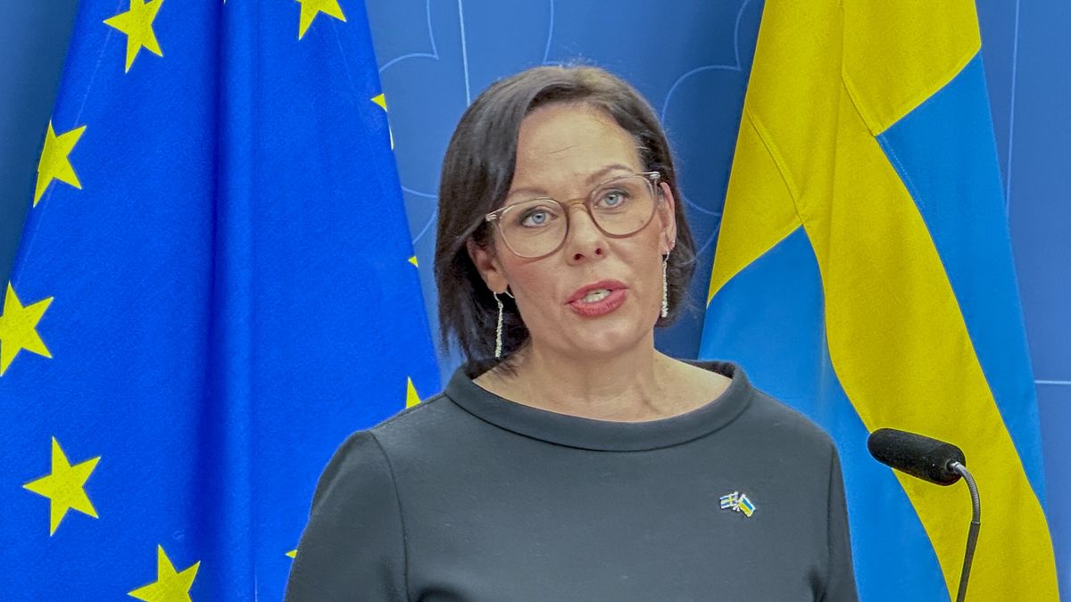 STOCKHOLM, SWEDEN - SEPTEMBER 10: Maria Malmer Stenergard, Minister for Migration makes a speech after Ulf Kristersson (not seen), Prime Minister of Sweden announces the appointment of Maria Malmer Stenergard as new foreign minister in Stockholm, Sweden on September 10, 2024. (Photo by Atila Altuntas /Anadolu via Getty Images)