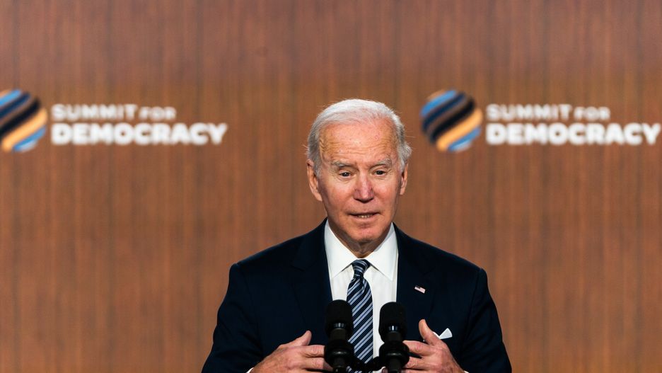 WASHINGTON, DC  December 10, 2021:US President Joe Biden delivers closing remarks at the virtual Summit for Democracy in the South Court Auditorium at the White House on December 10, 2021.(Photo by Demetrius Freeman/The Washington Post via Getty Images)
