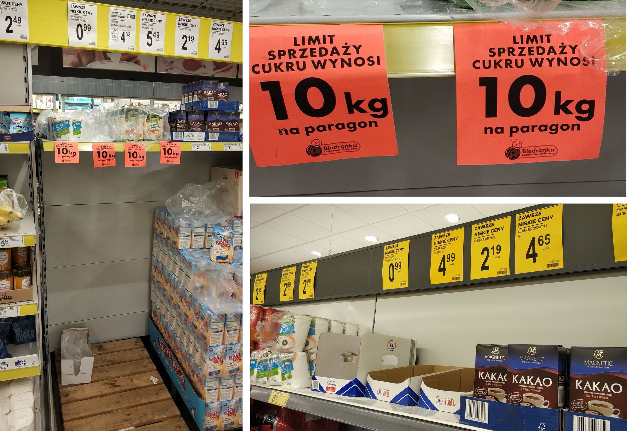 Zdjęcia przedstawiające puste półki w sklepach tam, gdzie powinien być cukier