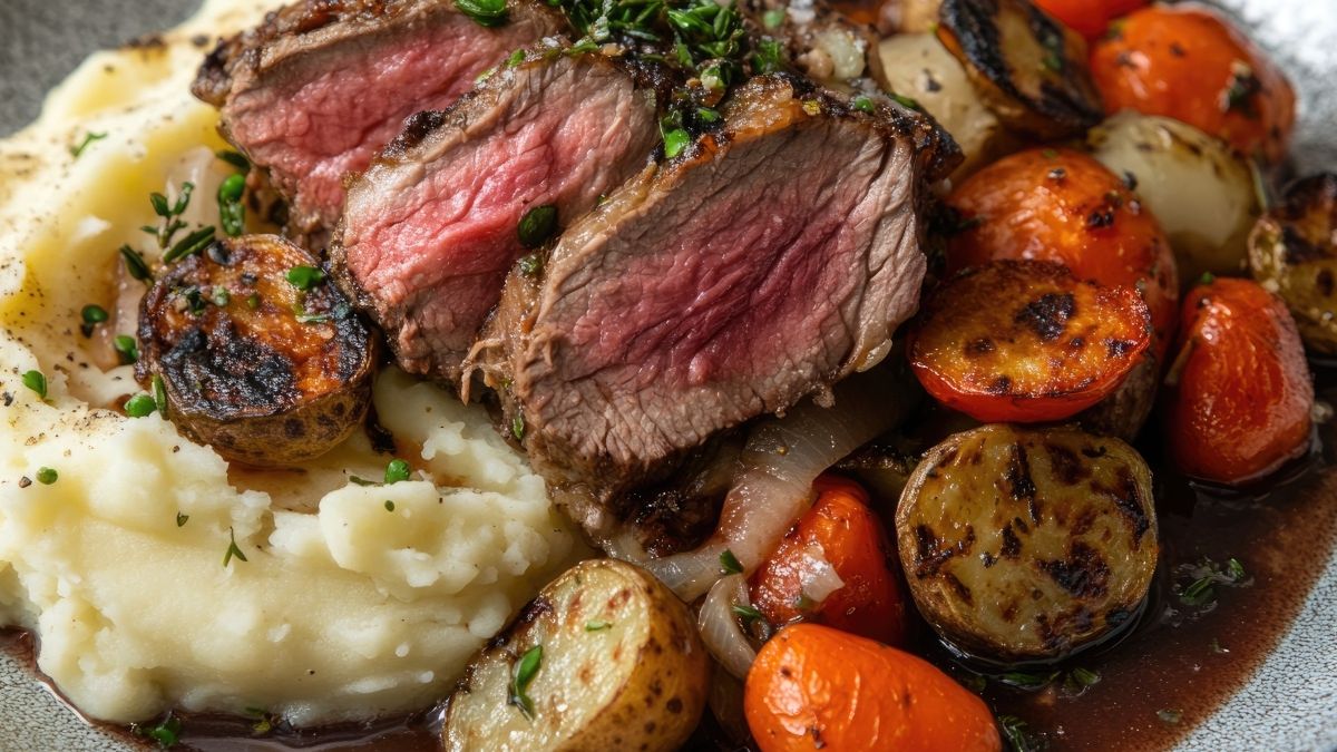 Stek z rostbefu z tłuczonymi ziemniakami i warzywami