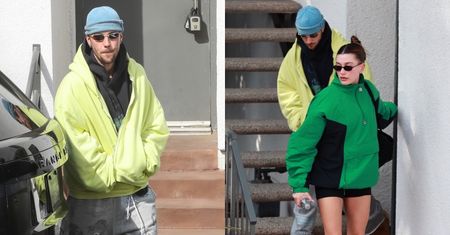 Zamyślony Justin Bieber w dziurawych spodniach opuszcza z żoną studio pilatesu