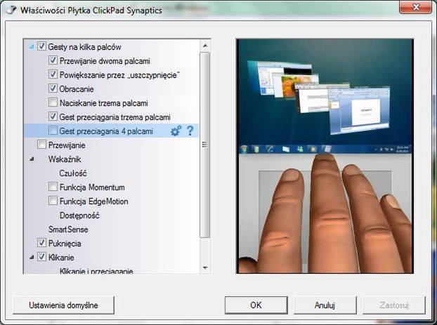 Panel konfiguracyjny touchpada Synaptics